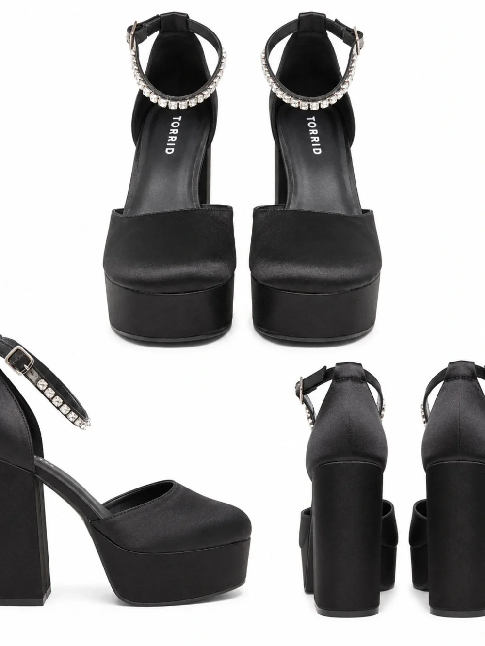 torrid Black Satin Platform Heel with Rhinestone Ankle Strap - Chunky Block